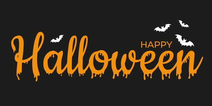 Stylized Happy Halloween text with dripping orange spooky font on black background, festive seasonal design with bats