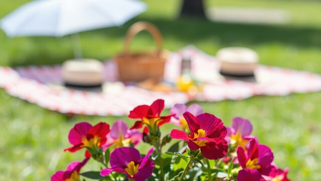 A Perfect Picnic Day: A checkered blanket spread on lush green grass invites a leisurely afternoon, with a wicker basket, hat.