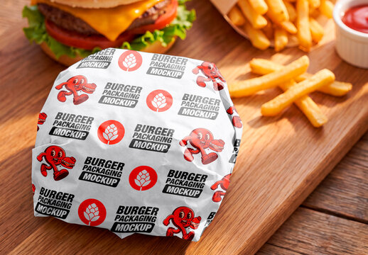 Wrapped Burger Paper Mockup on Wooden Board