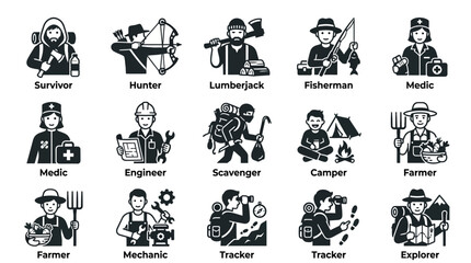 Naklejka premium Create 12 modern flat vector survival game character icons. Include: survivor, hunter, lumberjack, fisherman, medic, engineer, scavenger, camper, farmer, mechanic, tracker, explorer