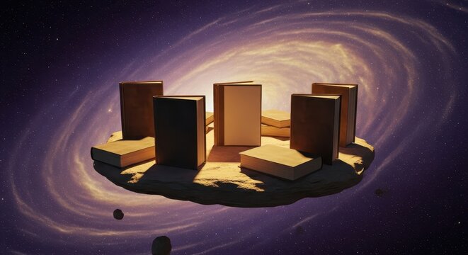 Books Illuminated in Cosmic Space Setting with Creative Highlights