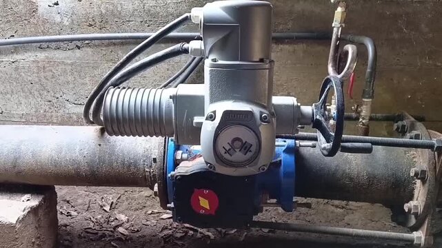 Automated Motor Operated Valve MOV Closing on an Industrial Water Supply Pipeline inside a Treatment Plant with Electric Actuator Control