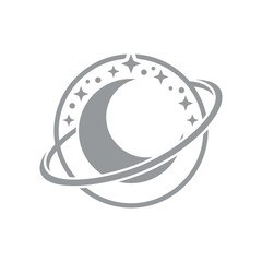 Silver crescent moon icon with planetary rings and stars. © Putri