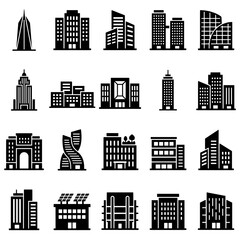 Obraz premium Corporate building icons set. Modern skyscraper and office architecture vector silhouettes.