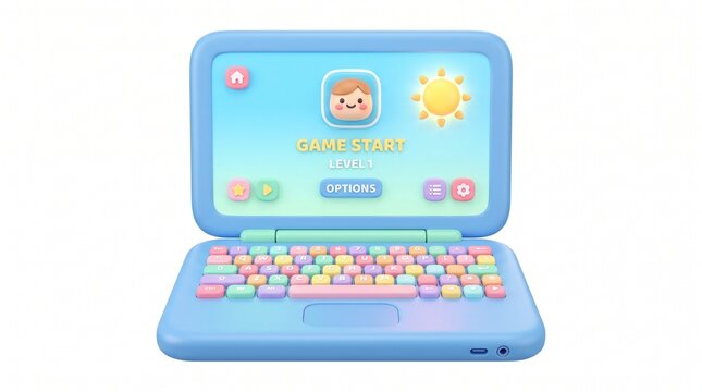 A cute, 3D rendered toy laptop for children featuring a colorful keyboard and a game start screen with a sun and character, on a white background.