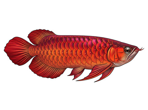 Vibrant red arowana dragon fish graphic with detailed scales and fins isolated on white background for aquatic and nature projects