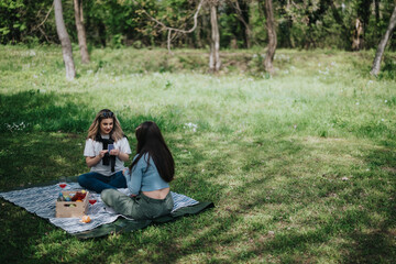 Obraz premium Two young women sit on a picnic blanket sharing snacks and conversation in a green park. A relaxed outdoor picnic scene with friends enjoying nature and fresh air.
