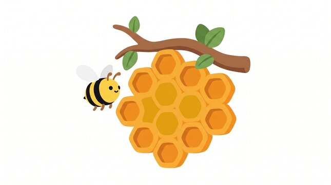 A cute cartoon bumblebee flying near a golden honeycomb hanging from a tree branch against a white background.