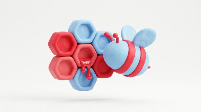 Stylized 3D clay render of a blue and red bee next to a matching honeycomb with dripping red liquid on a clean white background.