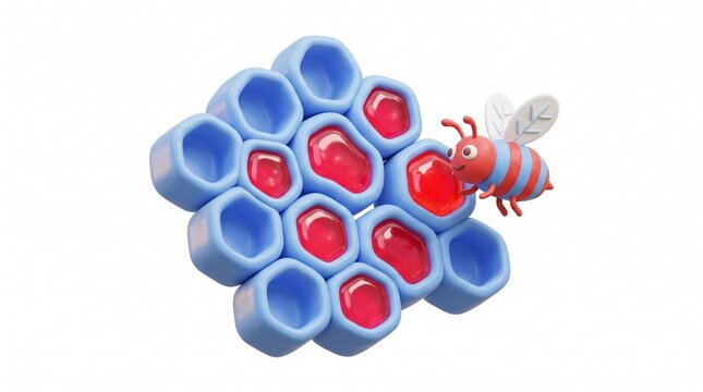 3D render of a cute cartoon bee on blue honeycomb cells filled with red jelly-like honey, set against a plain white background.