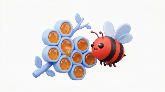 A 3D cartoon-style illustration of a cute red and black bee flying next to a blue honeycomb structure filled with amber honey.