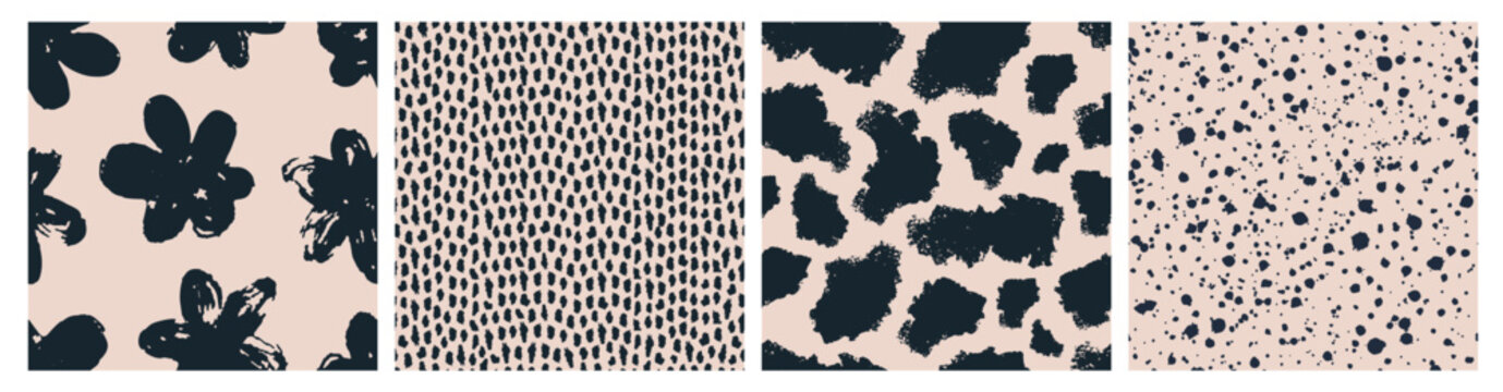 Abstract seamless patterns set. Floral print, ink dots, spots, splatter, splash and sprinkle shapes, speckled and mottled endless background designs. Flat vector illustrations in modern doodle style