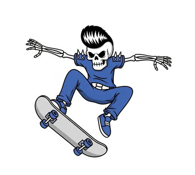 Skeleton skateboarding jumping with pompadour hair white background realistic