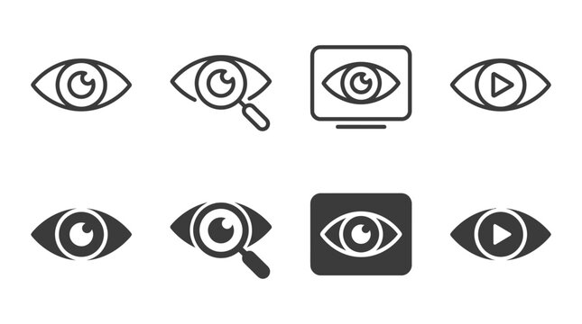 Collection of eye icons showing vision search monitor display and play functionality with interface business pictogram