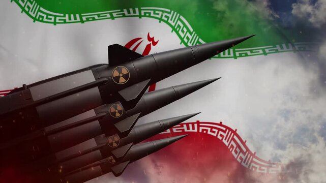 Iran missile threat animation with nuclear symbols and flag in motion