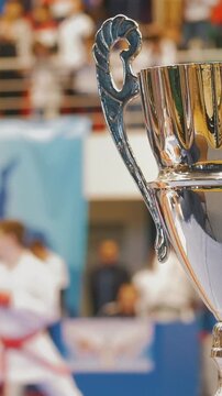 Trophy displayed prominently in foreground with blurred karate competitors in action during a martial arts competition in an indoor sports arena setting