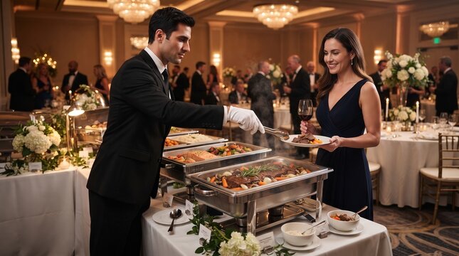 Elegant corporate event buffet catering service. Business networking gala with gourmet food display and professional guests.
