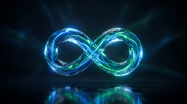 Abstract infinity symbol made of swirling blue and green liquid, symbolizing eternity, continuity, and limitless potential.