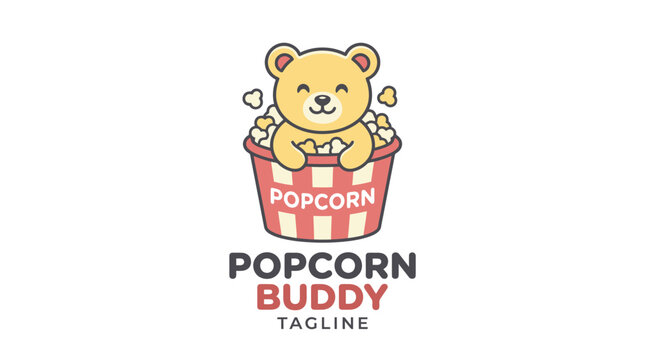 Cute bear sitting in popcorn bucket mascot logo.