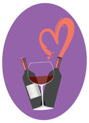 Obraz premium Risograph Style Wine Bottles and Glass with Heart Shaped Pour