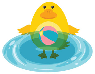 Fototapeta premium Yellow Duckling Swimming in Water with Colorful Beach Ball Illustration