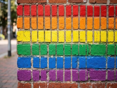 A colorful brick wall painted in bright rainbow colors representing lgbt pride and diversity on a street corner isolated on white background