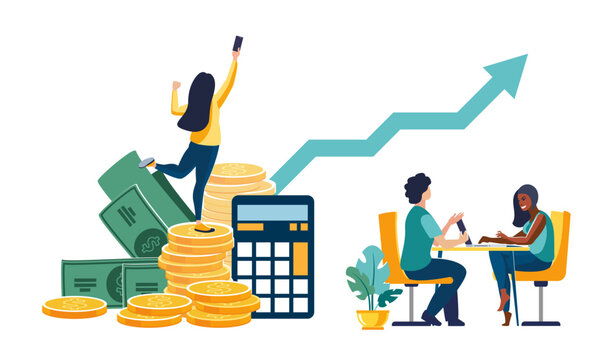 Business presentation. Calculation, financial income, gold dollar coins. Business team, business people working in the office, development. Teamwork, employees, startup Vector flat illustration, green