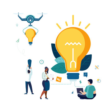 Vector illustrations. Ideas are important for your business, entrepreneurial journey. Delivering new business idea by drone, People, workers girls and boys, creative group analysis. Finance developmen