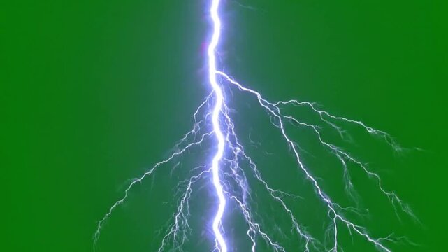 A high-quality realistic VFX overlay animation featuring a single powerful vertical lightning strike discharging from the top of the frame. The video captures a vivid white-purple plasma core that dra