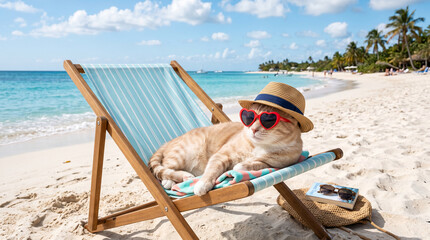 Obraz premium A cat relaxing on a beach chair with heart-shaped sunglasses and a hat, symbolizing vacation and enjoyment.