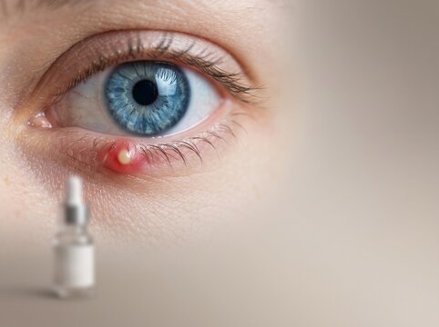 Close up of a human eye with a painful stye on the lower eyelid next to a blurred medical dropper bottle