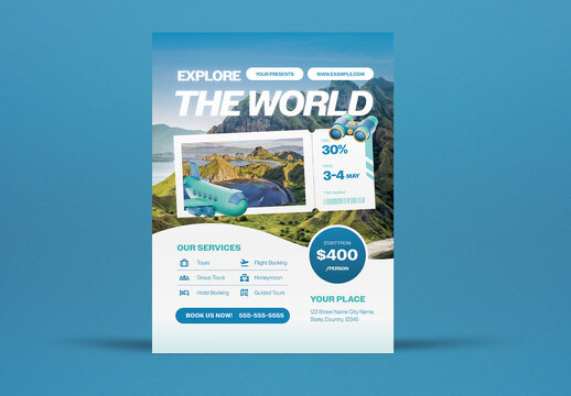 Blue and White Modern Travel Flyer Layout