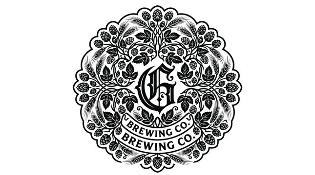 Intricate circular hops floral emblem for brewery branding.