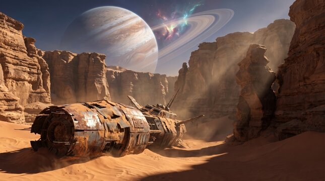 A desolate sandy plain on an alien world with a massive ringed gas giant dominating the hazy orange horizon.