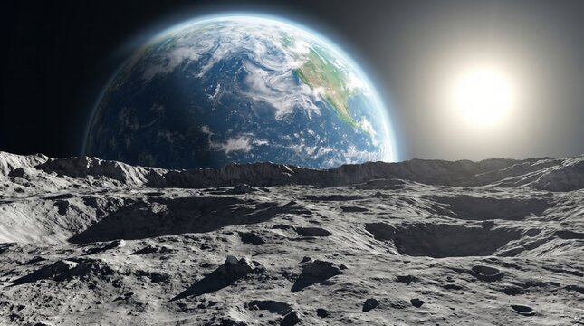 A high contrast shot of the blue Earth planet rising over the desolate grey cratered horizon of the moon.
