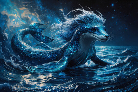 Fantastic mythological animal from fairy tale, neon creature living in water pond AI Generative