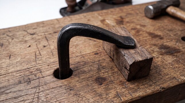 A heavy-duty iron holdfast clamp securing a rough wooden board on a traditional workbench surface.