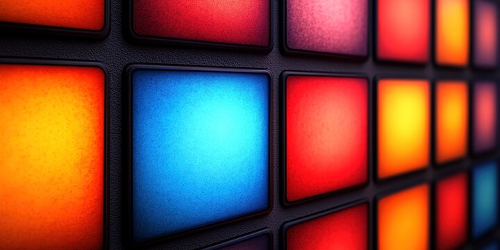A close-up view of a colorful grid of glowing squares in various hues