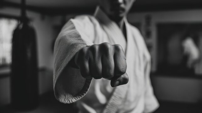 Karate practitioners fist in focus black and white artistic presentation