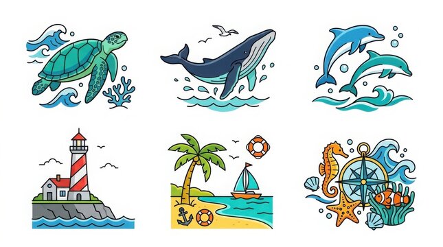 Nautical sea life illustrations, ocean animal icons with whale and sea turtle, coastal beach landscape and lighthouse graphics, marine wildlife set isolated on White Background