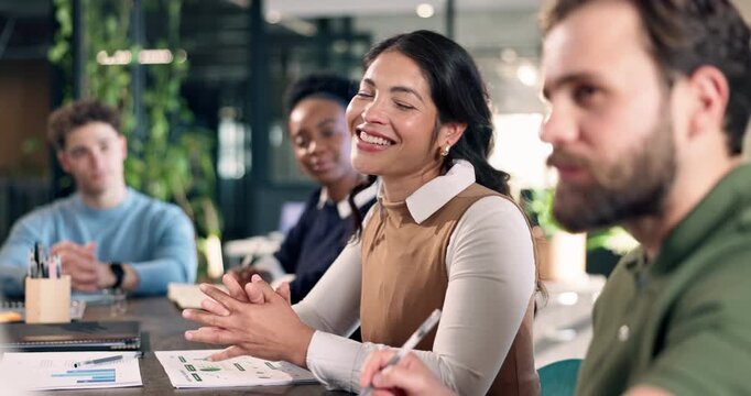 Sustainable, meeting or woman in agency with discussion, esg growth pitch or review on green operations. Talking, team or csr analyst with plan, conservation proposal or feedback on ethical strategy.