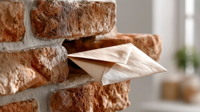 A paper envelope partially inserted into a rustic brick wall slot, symbolizing hidden messages or secret communications.