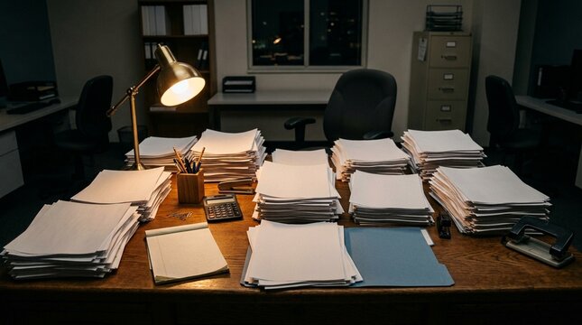 Payroll department office desk stacked with employee timesheets - Healthcare Insurance Administration Stock Photo
