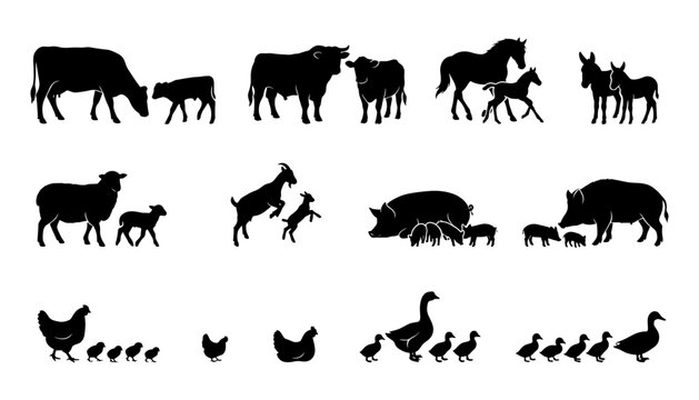 Animals with Their Young in Silhouette Style Featuring Farm, Livestock, Cow with Calf and Horse Elements for Foal, Sheep