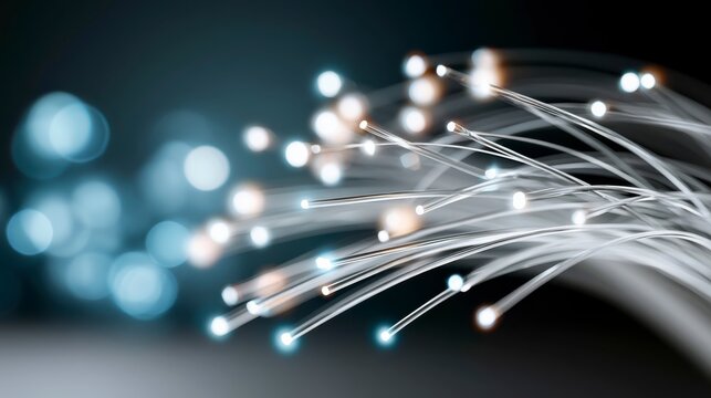 Close-up image of glowing fiber optic cables emitting light in a dark, blurred background.