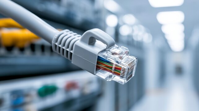 Close-up of a gray Ethernet cable with multicolored wires inside, held near a server rack in a modern data center with blurred lights in the background.