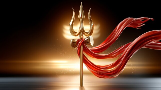A golden trident with flowing red ribbons glows against a warm, radiant background, symbolizing power and spirituality.