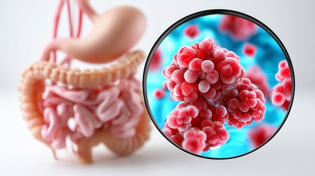 3D illustration of human digestive system with a close-up view of bacteria or viruses magnified, highlighting gut microbiota or infection.