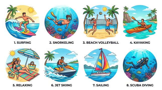 Summer water sports icons set, collection of 8 beach activity illustrations, colorful surfing snorkeling and scuba diving graphics for travel isolated on White Background