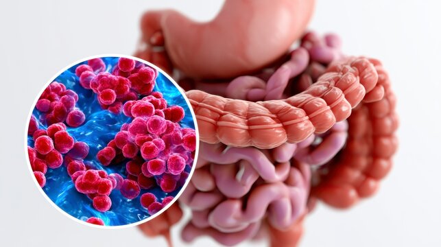 A detailed 3D illustration of human intestines with a magnified view of harmful bacteria inside the digestive tract.